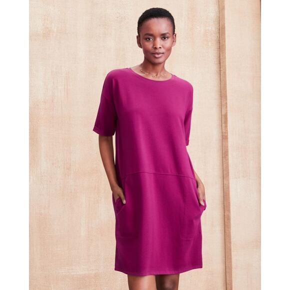 Eileen Fisher Organic Cotton Jersey Round Neck Boxy Fit Dress Pink Small Minimal - Picture 5 of 11